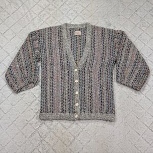 VTG Sinfully Original Sweater Womens L Gray Multi Knit Wool Chunky Cardigan Boho